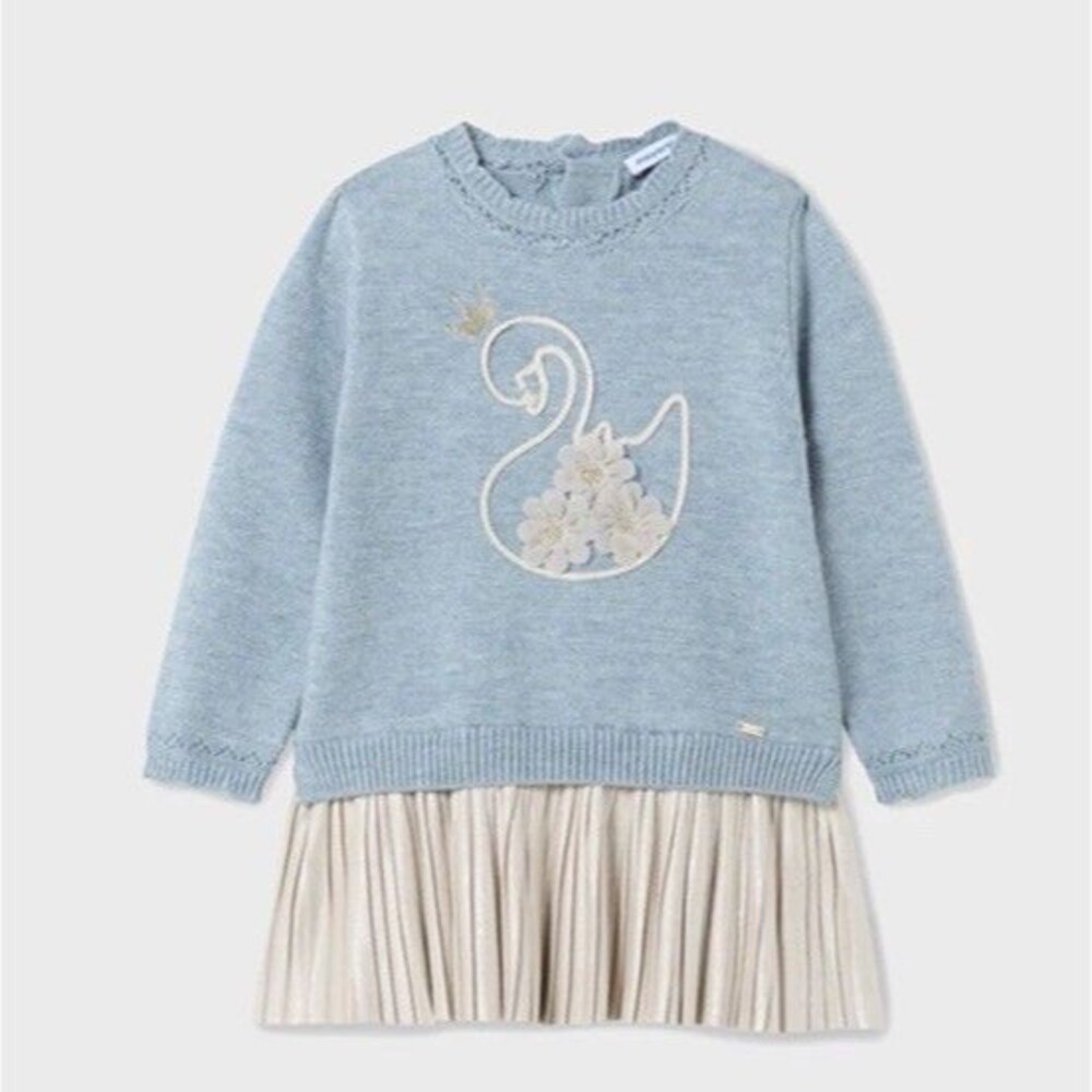 Mayoral Baby Girls Blue and Cream Knit Combined Dress with SWAN Applique